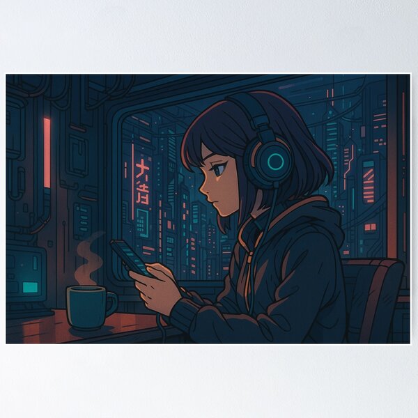 Artikel-Vorschau von Cyber Lofi Girl - Neon Chill City, designt und verkauft von DreamCraze.