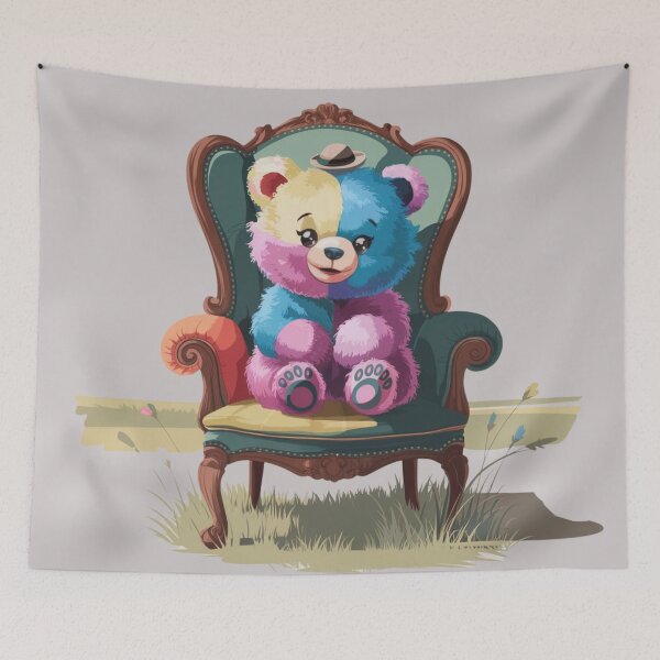Item preview, a colorful bear with fur like cotton candy sitting on the oldest chair. designed and sold by 123ks.