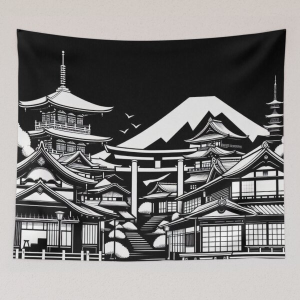 Item preview, AI Art: Traditional Kyoto Buildings in Black & White Vector Style – Elegant City Design for Travel & Culture Lovers designed and sold by knalpot-design.