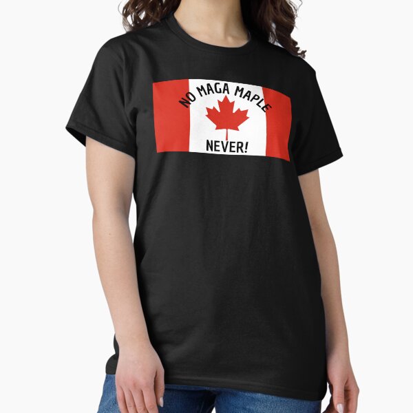 Vista previa del artículo con la obra «¡Ningún MAGA MAPLE jamás! En la bandera canadiense», diseñado y vendido por Qzmet.