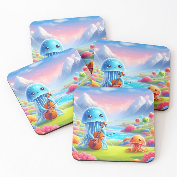 Item preview, Adorable jellyfishes playing violin in a valley cartoon designed and sold by EmeraldMusic.