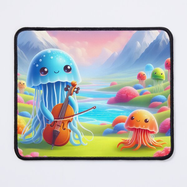 Item preview, Adorable jellyfishes playing violin in a valley cartoon designed and sold by EmeraldMusic.