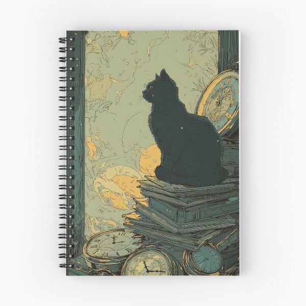 Aperçu de l'œuvre Chat noir parmi des horloges et livres anciens créée et vendue par TeeTribeWear.