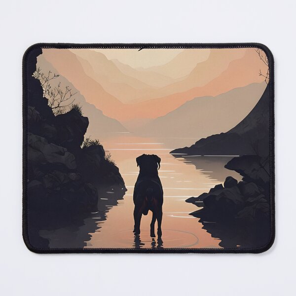 Item preview, Rottweiler Silhouette Against Serene Sunset Landscape and Water designed and sold by MountAshDesigns.