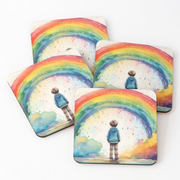 Item preview, A young boy stands facing a vibrant rainbow emerging from colorful clouds in a dreamy scene designed and sold by homydesign.