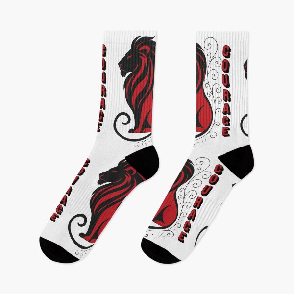 Item preview, Majestic Lion, Courage text, red and black with scrollwork– Regal, Illustration designed and sold by Visions of the Magpie.