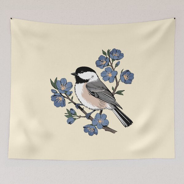 Item preview, Black-Capped Chickadee with Soft Blue Blossoms designed and sold by BirdsnStuff.