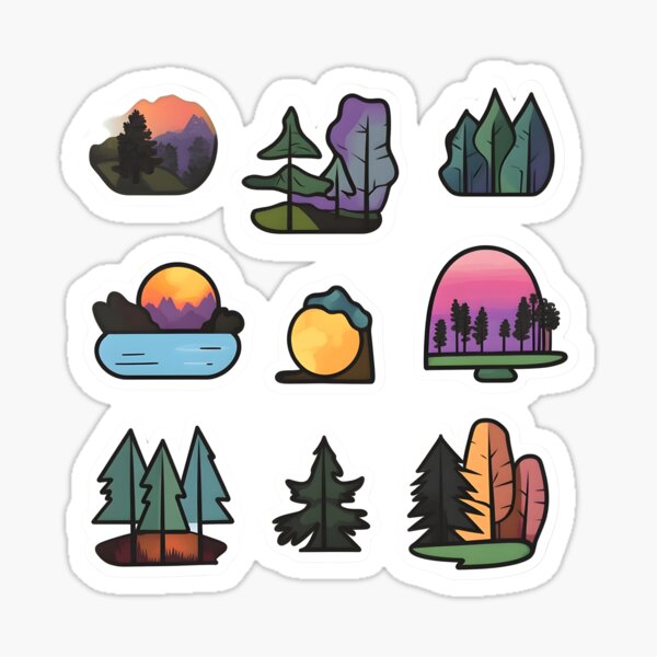 Item preview, Colorful and outlined sticker pack in adventure style featuring forest, lake sunset, tree sunrise, and vibrant cartoon elements designed and sold by ArtPetrenko90.