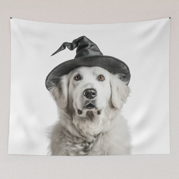 Item preview, Kuvasz Dog Wearing Halloween Witch Hat designed and sold by LazyOwlStore.