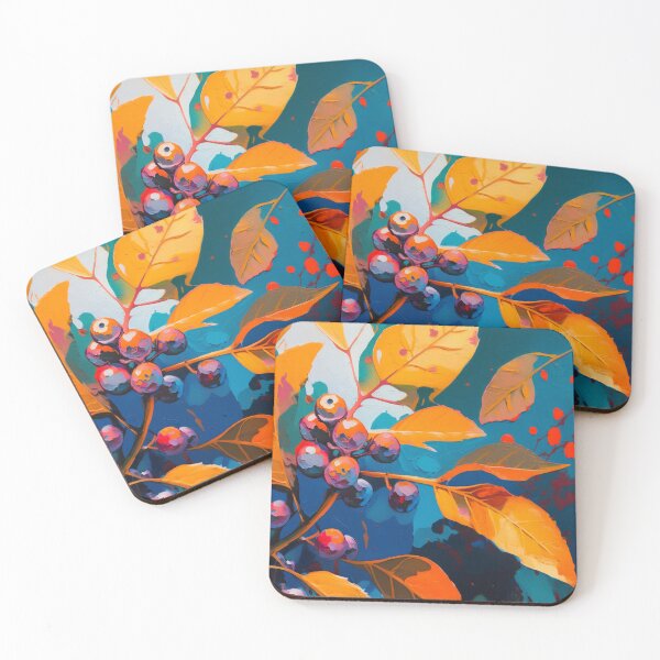 Item preview, Fall leaves and rowan berry. Abstract modern autumn nature oil painted art in blue yellow orange colors designed and sold by Remioni.