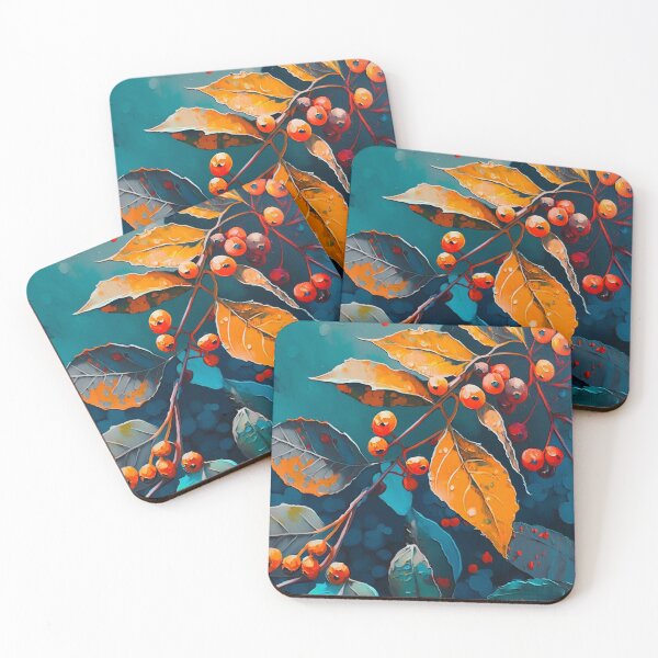 Item preview, Fall leaves and rowan berry. Abstract modern autumn nature oil painted art in blue red orange colors designed and sold by Remioni.
