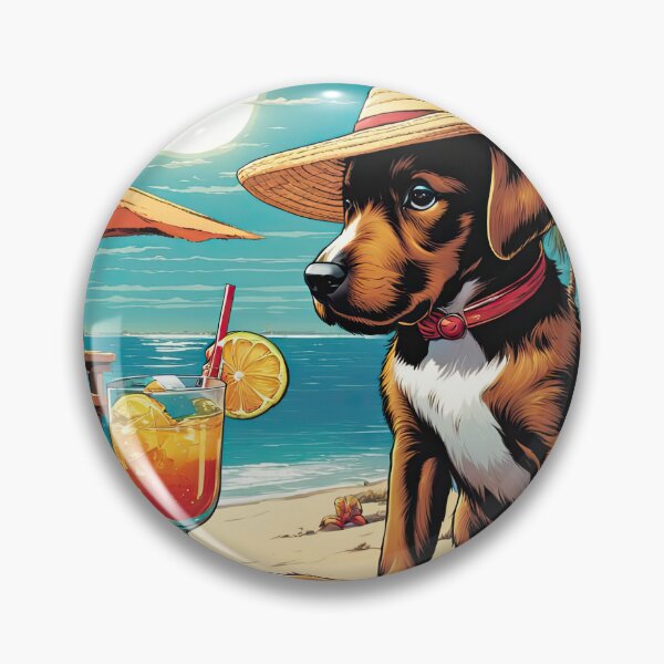 Artikelvorschau, Welpe an einem tropischen Strand trinkt einen Cocktail entworfen und verkauft von Colin Bentham.