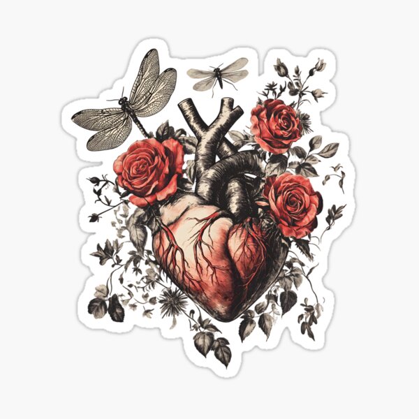 Item preview, Anatomical Heart with Red Roses and Dragonflies - Gothic Botanical Illustration Art Printwith Red Roses and Dragonflies - Gothic Botanical Illustration Art Print designed and sold by Kollibri.