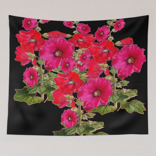 Item preview, RED-PINK HOLLYHOCKS BLACK ART designed and sold by sharlesart.