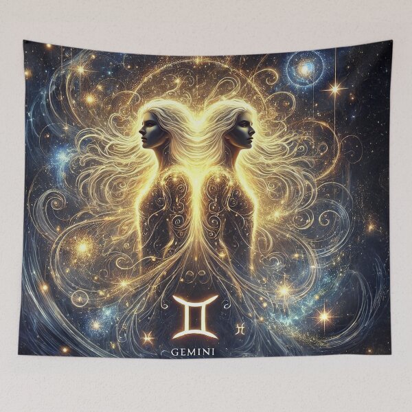 Item preview, Golden cosmic Gemini twins in mystical zodiac artwork designed and sold by ChernivtsiSkoda.