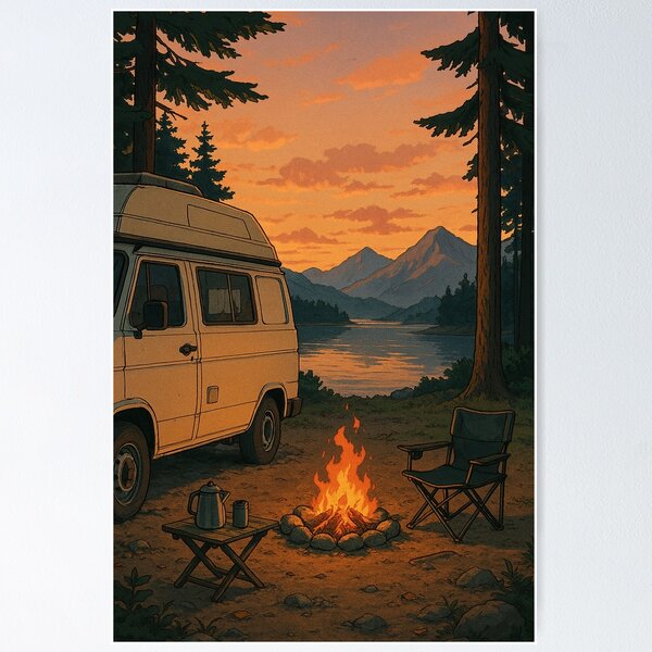 Item preview, Lofi Sunset Vanlife Campfire by the Lake designed and sold by DreamCraze.