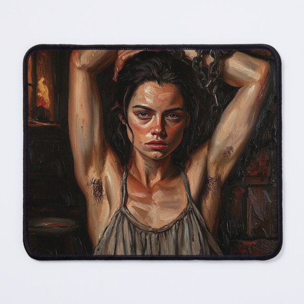 Item preview, Woman in a dungeon with her arms chained above her head vintage Expressionist painting art designed and sold by Vintage Designs +.