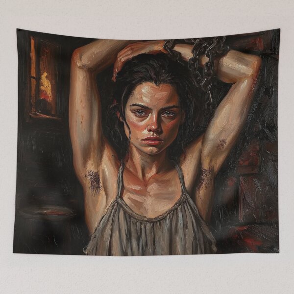Item preview, Woman in a dungeon with her arms chained above her head vintage Expressionist painting art designed and sold by Vintage Designs +.