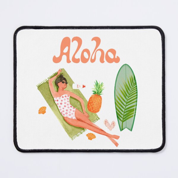 Item preview, Aloha woman sunbathing with a pineapple, surfboard, and seashells designed and sold by ElizabethCoelho.