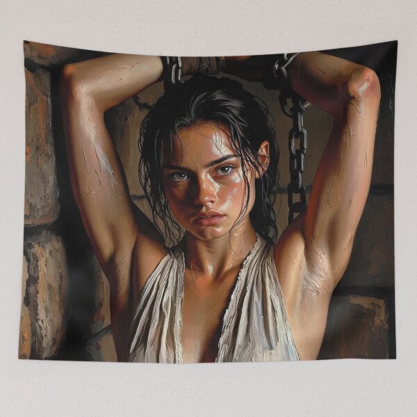 Item preview, Woman in a dungeon with her arms chained above her head vintage Expressionist painting art designed and sold by Vintage Designs +.