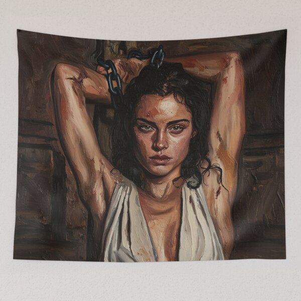 Item preview, Woman in a dungeon with her arms chained above her head vintage Expressionist painting art designed and sold by Vintage Designs +.