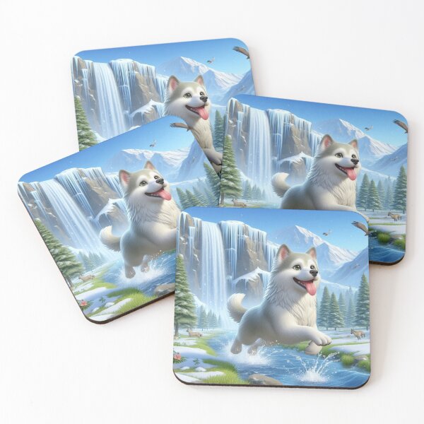 Item preview, Playful Husky Puppy Jumping in Snowy Mountain Stream - Cute Dog Art Print designed and sold by choder61.