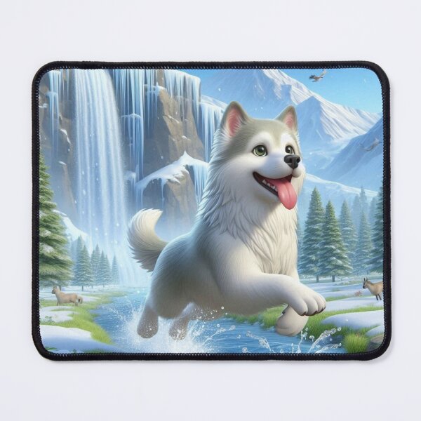 Item preview, Playful Husky Puppy Jumping in Snowy Mountain Stream - Cute Dog Art Print designed and sold by choder61.