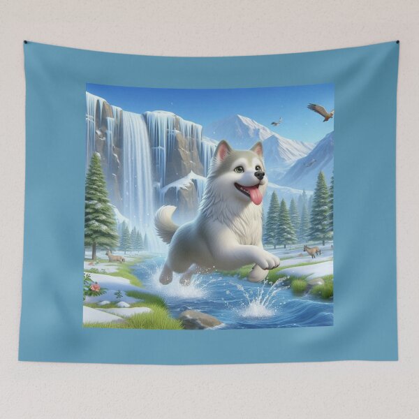 Item preview, Playful Husky Puppy Jumping in Snowy Mountain Stream - Cute Dog Art Print designed and sold by choder61.