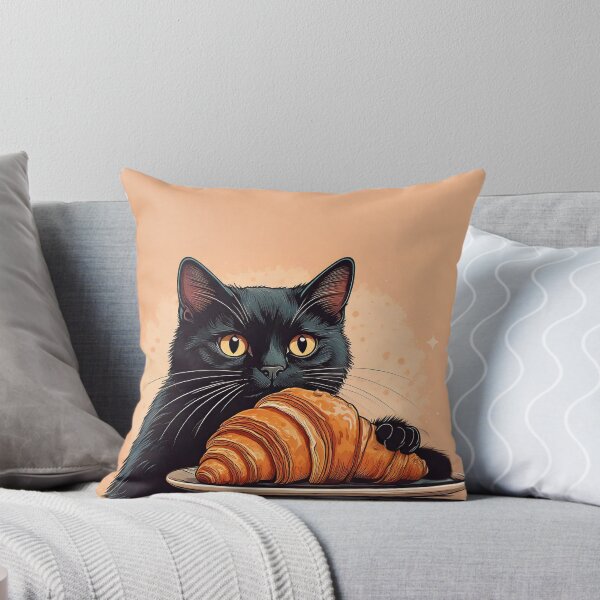Black Cat Eating Croissant Throw Pillow