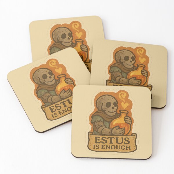 Item preview, "Estus Is Enough" —  An undead hugging a warm Estus Flask designed and sold by Souls-like Design Shop.
