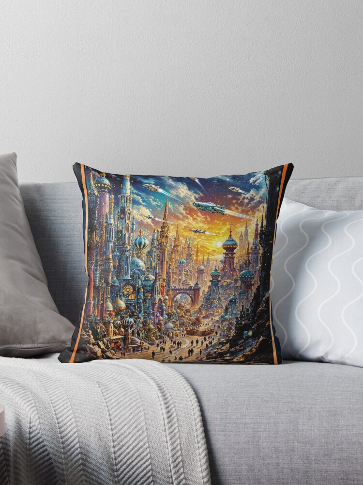 Baroque Inspired Interstellar Bazaar Cityscape at Sunset Enchanting AI Concept Art by Xzendor7 Decorative Art Print Throw Pillow