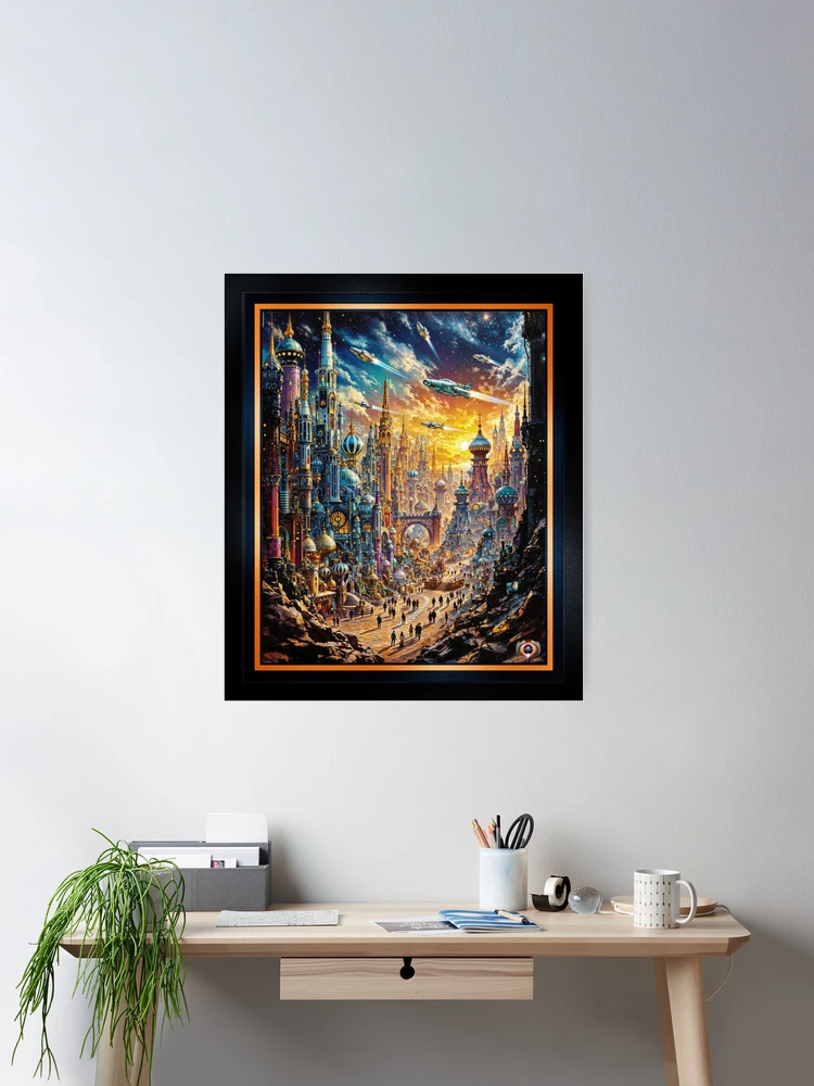 Baroque Inspired Interstellar Bazaar Cityscape at Sunset Enchanting AI Concept Art by Xzendor7 Wall Decor Poster Art Print