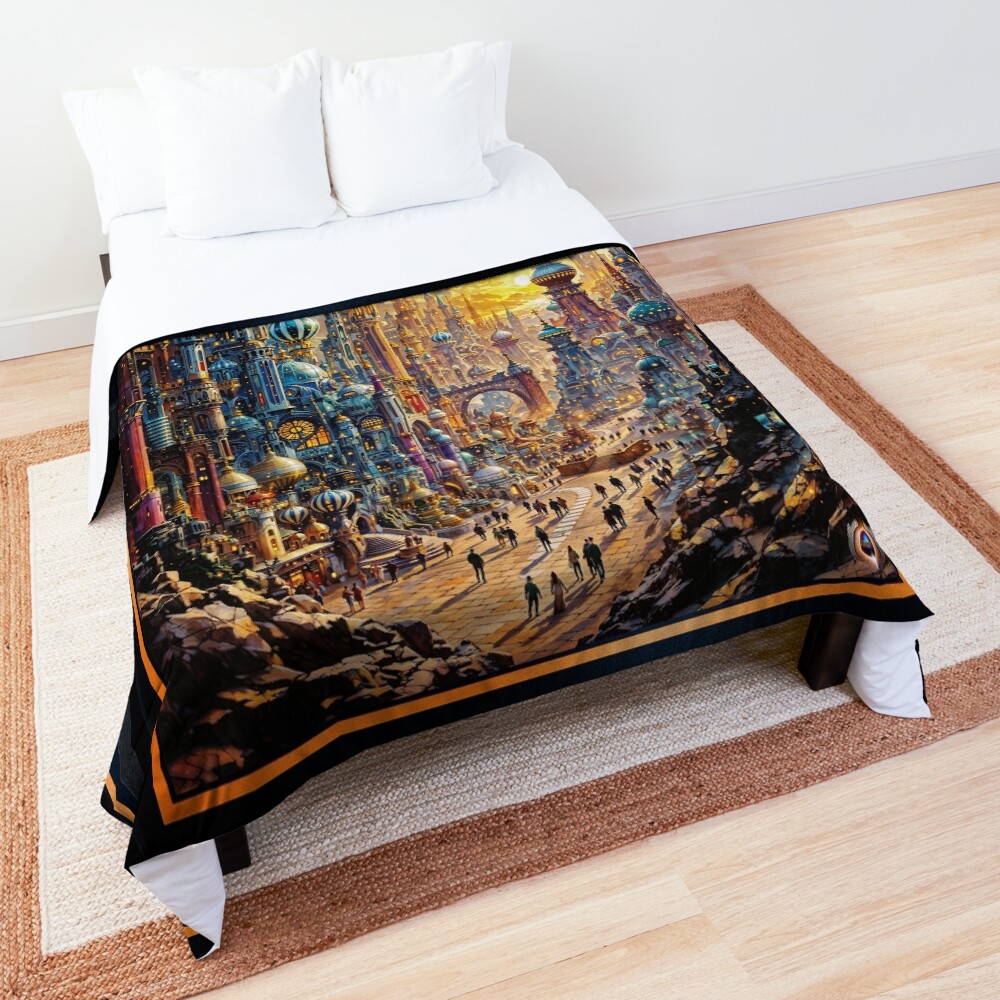 Baroque Inspired Interstellar Bazaar Cityscape at Sunset Enchanting AI Concept Art by Xzendor7 Decorative Art Print Comforter