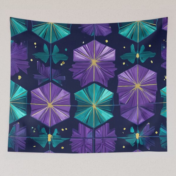 Artikelvorschau, Sechseckiges Blumensternmuster in Blaugrün und Lila entworfen und verkauft von AI-lineDesign.