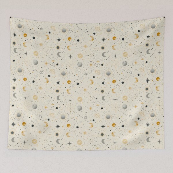Item preview, Celestial Constellation Pattern | Gold & Black Stars, Moons, and Suns Seamless Design designed and sold by pmakesArt.