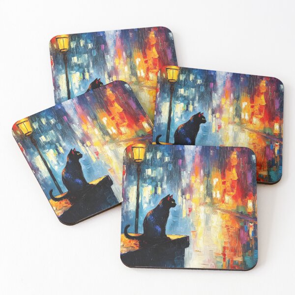 Item preview, Black Cat Under the Lamp – Vibrant Night Cityscape Art designed and sold by Viperzx.