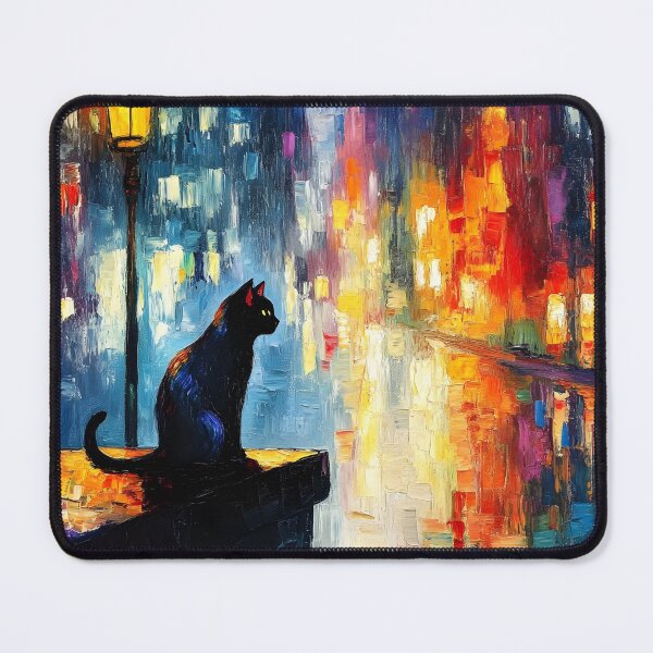 Item preview, Black Cat Under the Lamp – Vibrant Night Cityscape Art designed and sold by Viperzx.