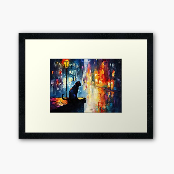 Item preview, Black Cat Under the Lamp – Vibrant Night Cityscape Art designed and sold by Jordan Bell.