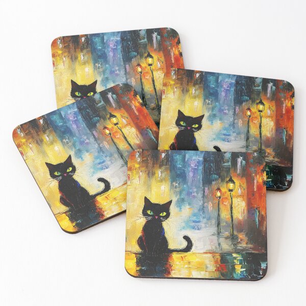 Item preview, Cute Black Cat in Vibrant Night City – Whimsical Impressionist Art designed and sold by Viperzx.