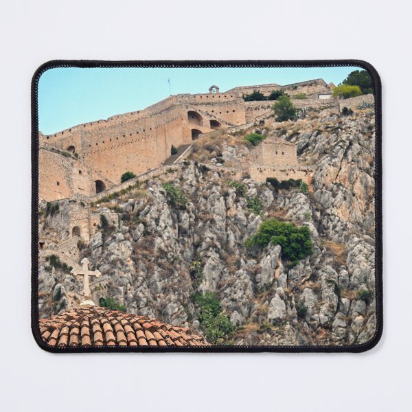 Item preview, Church dome with cross and Palamidi castle on the hill above Nafplio city in Greece designed and sold by goceris.