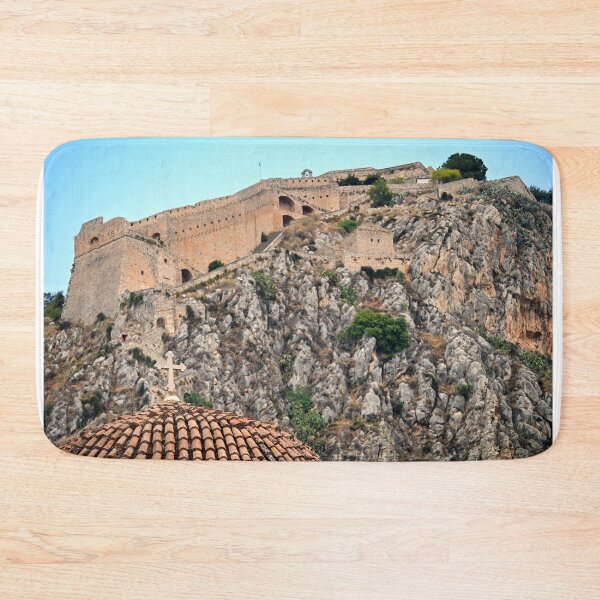 Item preview, Church dome with cross and Palamidi castle on the hill above Nafplio city in Greece designed and sold by goceris.