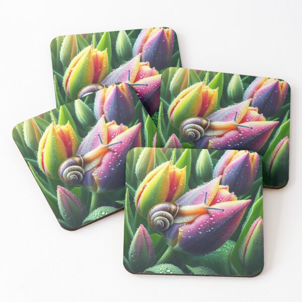 Item preview, Cute little snail on Morning Dew drops covered rainbow tulips designed and sold by EmeraldeaArt.
