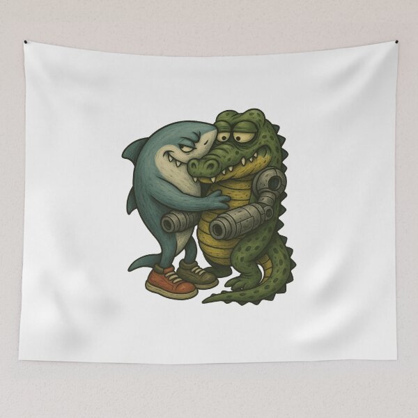 Item preview, Italian brainrot Tralalero Tralala hugs Bombardiro Crocodilo designed and sold by TeeMystic.