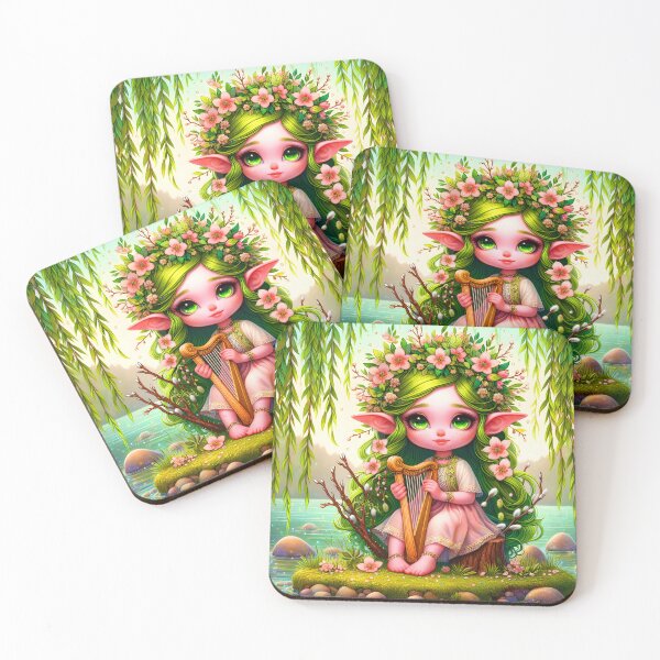 Item preview, Cute elf girl playing harp under the Willow tree at a lake shore digital illustration designed and sold by EvaAngel.