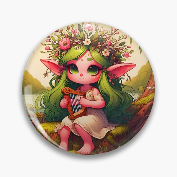 Item preview, Green hair fae girl playing harp under the Willow tree at a lake shore digital illustration designed and sold by EvaAngel.