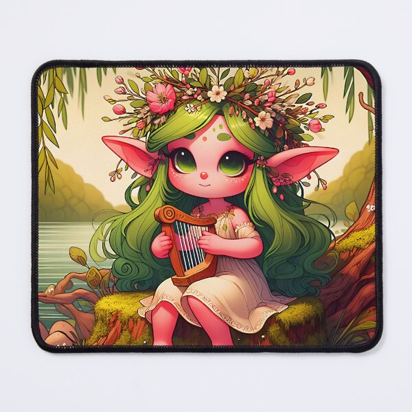 Item preview, Green hair fae girl playing harp under the Willow tree at a lake shore digital illustration designed and sold by EvaAngel.