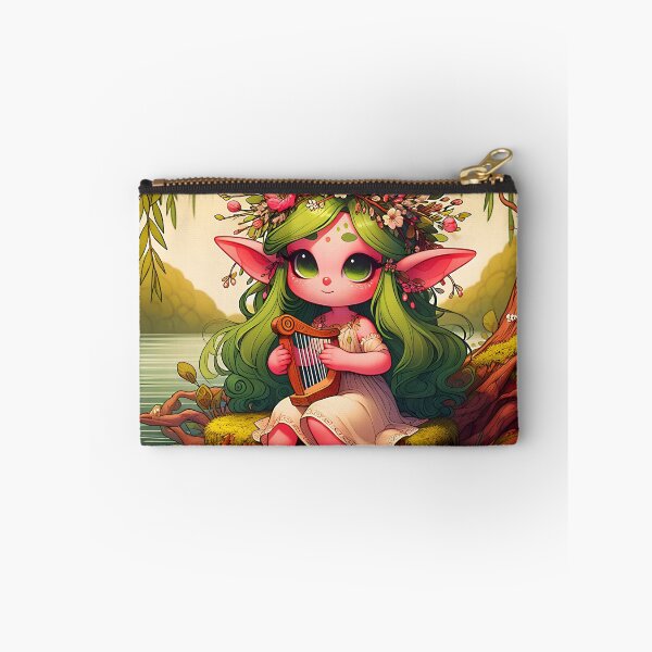 Item preview, Green hair fae girl playing harp under the Willow tree at a lake shore digital illustration designed and sold by EvaAngel.