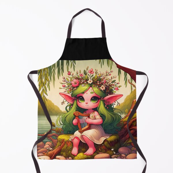 Item preview, Green hair fae girl playing harp under the Willow tree at a lake shore digital illustration designed and sold by EvaAngel.