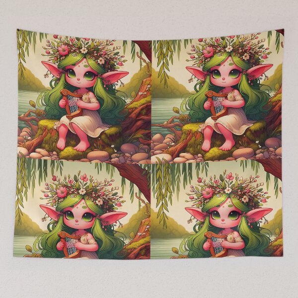 Item preview, Green hair fae girl playing harp under the Willow tree at a lake shore digital illustration designed and sold by EvaAngel.