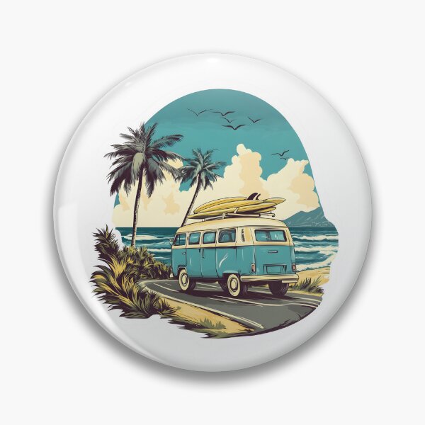 Aperçu de l'œuvre Van de surf vintage au bord de la plage – Art rétro d'un road trip estival créée et vendue par VikArt7.